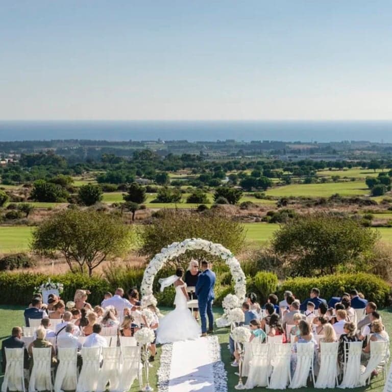 Panoramic ceremony arch at a Cyprus destination wedding, Elea Estate